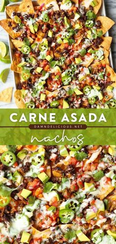 CARNE ASADA NACHOS, game day, football party Nachos Toppings, Carne Asada Nachos, Asada Nachos, Classic Nachos, The Best Nachos, Loaded Nachos Recipe, Best Nachos, Nachos Recipe Easy, Homemade Chips