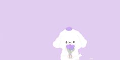 a purple background with a white ghost holding a flower in it's hands and looking at the camera