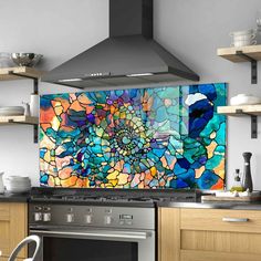 a stove top oven sitting inside of a kitchen next to a wall mounted art piece