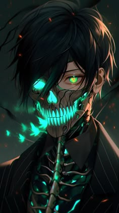 a skeleton with glowing green eyes and black hair