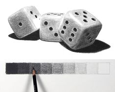 pencil drawing of two dices on top of each other, with one being drawn