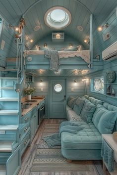 the interior of a tiny house with blue walls