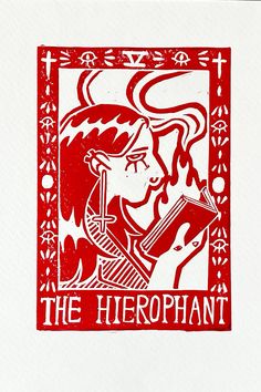 a red and white drawing of a woman holding a book in her hands with the words, the hero plant on it