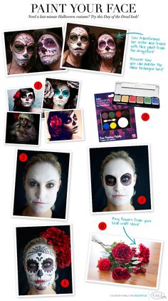 Paint Your Face - Need a last-minute Halloween costume? Try this Day of the Dead look! Dead Costume, Rock Makeup, Skull Rock, Dead Makeup, Hallowen Ideas, Rasta Colors, Haunted Halloween, Makeup Idea