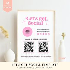 a pink social media ad with qr code on it and some vases next to it