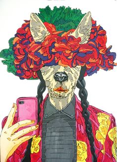 a drawing of a man with flowers on his head and cell phone in his hand