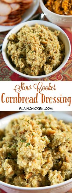 two bowls filled with cornbread dressing next to crackers and other food on a table