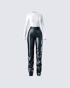 Chic, sleek, and put together 🤍 Pairing a white long sleeve top with black vegan leather pants, this two-piece set will have everyone envious over your effortlessness 💅 Fuzzy Skirt, Patent Leather Leggings, Strapless Ruffle Dress, High Waist Sports Leggings, Red Mini Skirt, Jersey Long Sleeve, White Long Sleeve Top