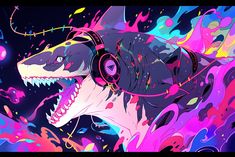 a dog with headphones on in front of colorful paint splatters