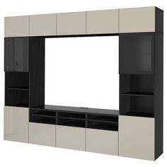 a white and black entertainment center with shelves