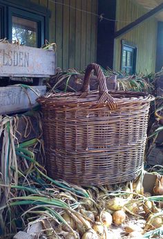 a wicker basket sitting on top of a pile of onions next to a wooden sign