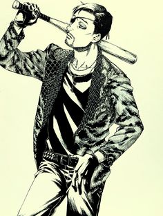 a black and white drawing of a man holding two baseball bats over his head while wearing a striped shirt