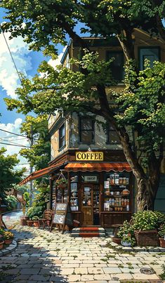 Scenery Landscape Drawing, Lofi Nature Wallpapers, Coffee Shop Painting Ideas, Coffee Shop Aesthetic Wallpaper, Lofi Art Wallpaper, Lofi Coffee Shop, Aesthetic Lofi Wallpaper, Ghibli Wallpaper Aesthetic, Coffee Shop Wallpaper