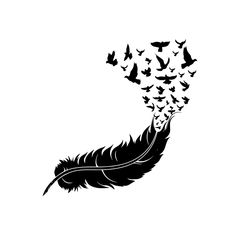 a black and white drawing of a feather with birds flying around it