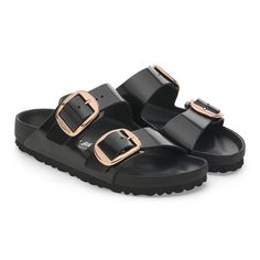 Arizona Big Buckle Natural Leather Patent High Shine Black | BIRKENSTOCK Luxury Black Slides With Buckle Closure, Luxury Black Footbed Sandals, Luxury Rose Gold Open Toe Sandals, Birkenstock Arizona Big Buckle, Arizona Big Buckle, Black Birkenstock, Gold Pin, Rose Gold Hardware, Birkenstock Arizona