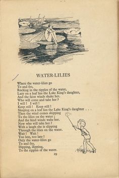 an old children's book about water - lilies with a drawing of a boy in a kayak