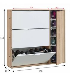 an image of a shoe cabinet with two drawers and one door open to reveal shoes