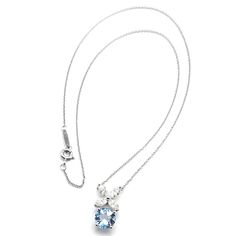 About the Piece: Metal: Platinum  Measurements:  Chain Length: 16.5"  Pendant: 16mm x 10mm  Weight: 4.2 grams  Stones: 4 diamonds VS1 clarity, G color total weight approximately .64ct 1 round 7mm aquamarine approximately 1.5ct Hallmarks: Tiffany&Co. PT950 View our other Designer items available in our store Light Blue Diamond Necklace For Anniversary, Fine Jewelry Aquamarine Necklace For Wedding, Elegant Light Blue Necklace For Anniversary, Light Blue Fine Jewelry Necklace For Formal Events, Light Blue Fine Jewelry Necklace For Formal Occasions, Luxury Blue Topaz Necklaces For Anniversary, Wedding Blue Topaz Necklace With Diamond Accents, Tiffany Victoria Necklace, Luxury Light Blue Necklace For Formal Occasions