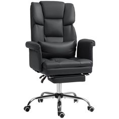 a black leather office chair with chrome base and footrests on an isolated white background