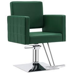 a green chair sitting on top of a metal base