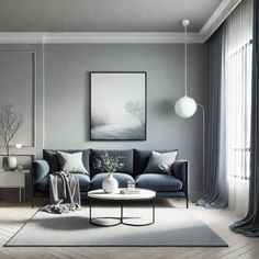 a living room with grey walls and white furniture on the floor, along with large windows