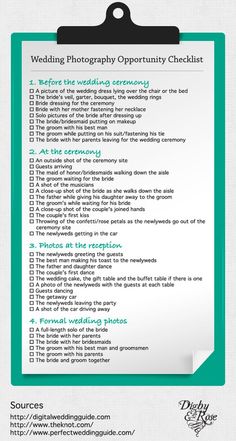 a green and white wedding checklist with the words,'wedding photography opportunity checklist '