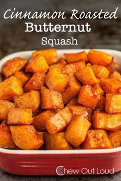 cinnamon roasted butternut squash in a red casserole dish with text overlay