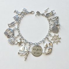 "\"As you wish\".... INCLUDES: -Charm Bracelet: chain, silver-plated alloy (zinc) charms with lobster clasp. Length is determined from clasp to last link, multiple options available, and bracelet is adjustable due to the larger chain links. -Packaged in a cotton-filled jewelry box. -All materials are hypoallergenic and nickel-free for sensitive skin." Silver Stainless Steel Charms With Lobster Clasp, Personalized Themed Charm Bracelet For Friendship, Silver Jewelry With Lobster Clasp For Best Friend Gift, Customized Silver Metal Bracelets, Silver Themed Bracelets For Friendship, Sterling Silver Charm Bracelet With Lobster Clasp For Friendship, Sterling Silver Charm Bracelet For Friendship With Lobster Clasp, Sterling Silver Charm Bracelet For Friendship, Themed Metal Charm Bracelet With Lobster Clasp