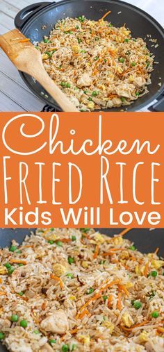 chicken fried rice in a skillet with carrots and peas