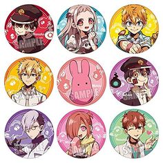 six anime buttons with different characters on them