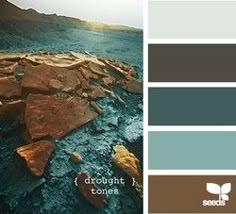 the color palette is brown, blue, and green with some rocks on it in the foreground