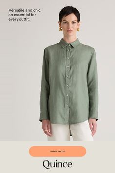 The wash, dry, and go linen shirt you've been waiting for. Chic yet casual, this classic button-up is a true wardrobe essential. Did we mention, it goes with just about everything? Including our organic linen pants.  | Quince | Women's Long Sleeve Shirt in Light Cargo, Size Medium, Linen Everyday Linen Shirt With Buttons, Effortless Linen Shirt For Work, Effortless Linen Shirt For Fall, Versatile Linen Shirt With Relaxed Fit, Everyday Linen Button Shirt, Classic Flax Tops For Spring, Classic Spring Flax Tops, Casual Relax Fit Flax Shirt, Relaxed Fit Flax Shirt With Buttons