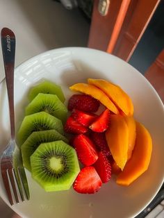 a white plate topped with sliced fruit and a fork