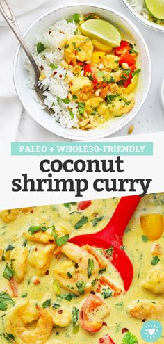 coconut shrimp curry in a bowl with rice and limes