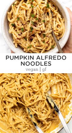 pumpkin alfredo noodles in a white bowl with spoons