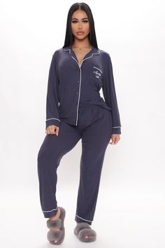 Available In Navy. PJ Pant Set Awakeish Pocket Verbiage Long Sleeve Front Pocket Collar Drawstring Waist Full Stretch Final Sale 95% Polyester 5% Spandex Imported | Awakeish PJ Pant Set in Navy Blue size Large by Fashion Nova Pj Pant, Smoothie Healthy, Sleepwear Fashion, Cute Sleepwear, Fashion Nova Outfits, Stylish Summer Outfits, Short Pj Set, Fashion Nova Models, Pajama Pant