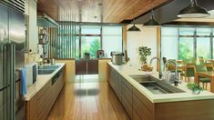 an artist's rendering of a kitchen with wood flooring and stainless steel appliances