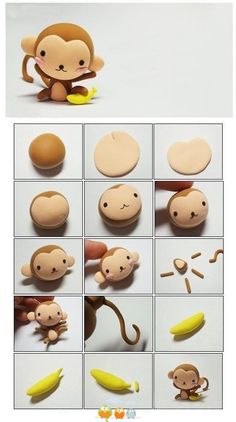 there are many different pictures of toys in the same place, including bananas and monkeys