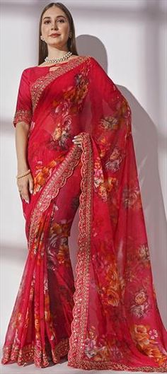 Pink and Majenta color Saree in Georgette fabric with Floral, Printed, Thread, Zari work Red Floral Print Georgette Dupatta, Red Bollywood Dupatta With Digital Print, Festive Red Saree With Floral Print, Festive Red Digital Print Dupatta, Festive Red Floral Print Saree, Festive Red Dupatta With Digital Print, Red Saree With Printed Motifs For Wedding, Red Wedding Saree With Printed Motifs, Red Floral Print Saree For Wedding