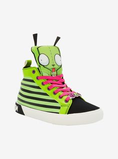 Space travel and universal conquest can get tiring! Grab these Invader Zim GIR shoes to make the journey more comfy! They are decorated with stripes  lace charms thta say "GIR " taping on the heel that says "DOOM DOOM DOOM " and large  figural tongues that are shaped like GIR.Listed in women's sizes.Polyurethane upper; rubber soleImported Fun School Sneakers With Rubber Sole, Playful Green Low-top Sneakers, Green School Sneakers With Rubber Sole, Playful Green Sneakers With Rubber Sole, Green Synthetic Sneakers For School, Fun Lace-up Sneakers For School, Playful Green Round Toe Sneakers, Lace Charms, Invader Zim Gir