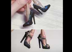 there are two pictures of someones shoes and one is wearing high heels with blue sequins