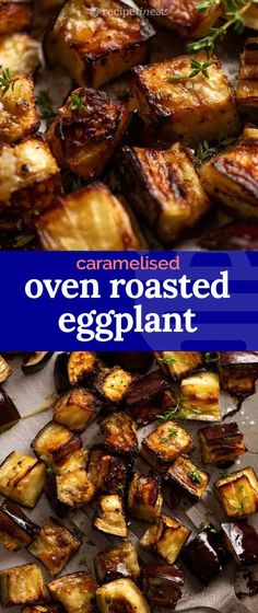 oven roasted eggplant with text overlay that reads caramelised oven roasted eggplant