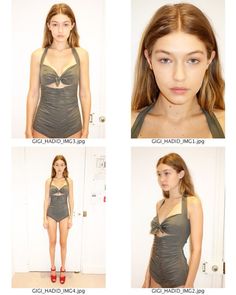 four different pictures of a woman in short dresses