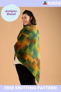 a woman wearing a green and yellow knitted shawl with the text, free knitting pattern