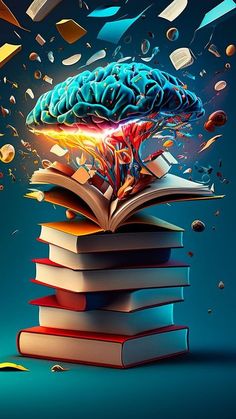 an open book with a brain on top of it and books falling from the sky