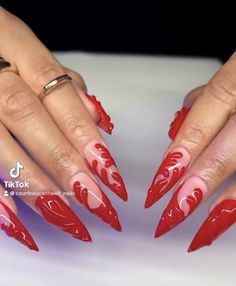 Red Nail Designs Almond Shape, Flame Nails Acrylic Almond, Red Flame Nails Almond, Red Flame Acrylic Nails, Red Nail Designs Almond, Red Nails Flame Design, Red Flame Nails, Valentines Flame Nails, Nail Designs Almond Shape