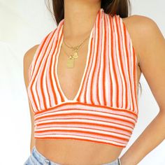 Deep V-neck halter top with tie back Size and Fit: Model height 5’2” wearing size Small V Neck Halter Top, Orange Top, Vestidos Vintage, Oh Baby, Moda Vintage, Cute Summer Outfits, Vintage Summer, Corsets, Tie Backs