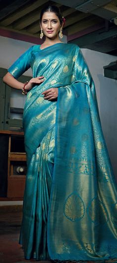 Blue color Saree in Raw Silk, Silk fabric with Weaving work Blue Silk Saree, Silk Sarees Online Shopping, Comfortable Blouses, Raw Silk Saree, Teal Blue Color, Indian Sarees Online, Half Sleeve Blouse, Blue Saree, Art Silk Sarees