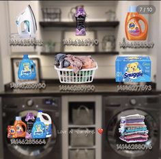 laundry products displayed in front of washer and dryer with price tags on them