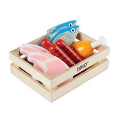 a wooden box filled with different types of toys